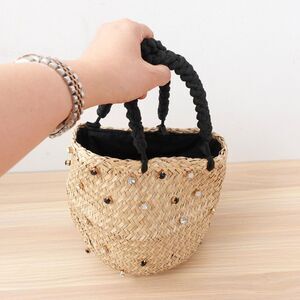 Straw Bag Bucket Small Summer Natural Beach Basket Rattan Woven Jeweled Seagrass